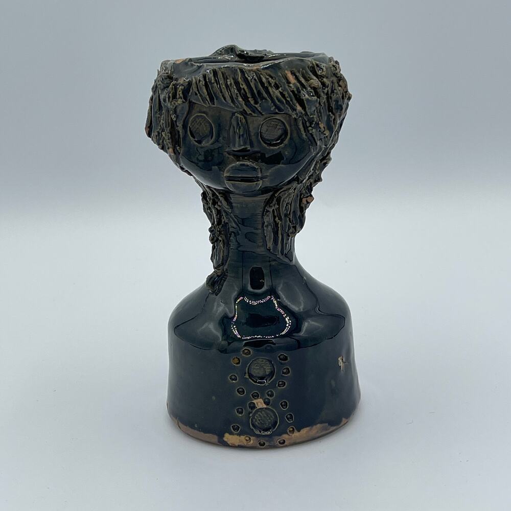 Vintage Green Glazed Human Head Bud Vase with Handle – Rustic Clay Hair Detail